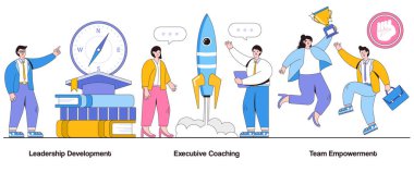 Liderlik Geliştirme, İdari Koçluk, Karakterli Güçlendirme Konsepti. Liderlik Üstünlüğü Soyut Vektör İllüstrasyon Kümesi. İlham verici Vizyon, Akıl hocalığı, Organizasyonel Büyüme.