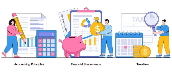 Prinsip Prinsip Akuntansi Pernyataan Keuangan Konsep Perpajakan Dengan Karakter Laporan - Stok Vektor