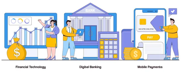 Finanztechnologie Digital Banking Mobile Payment Konzept Mit Charakter Fintech Solutions — Stockvektor