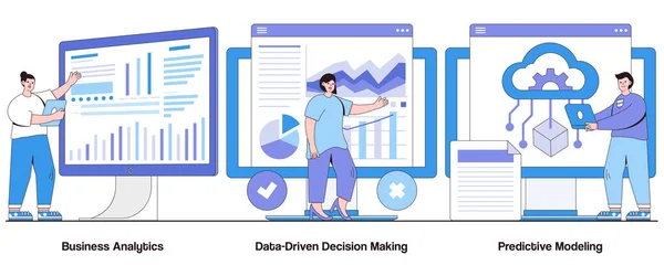 业务分析 数据驱动决策 具有特征的预测建模概念 数据分析摘要向量说明集 视觉提取 数据可视化和隐喻 — 图库矢量图片