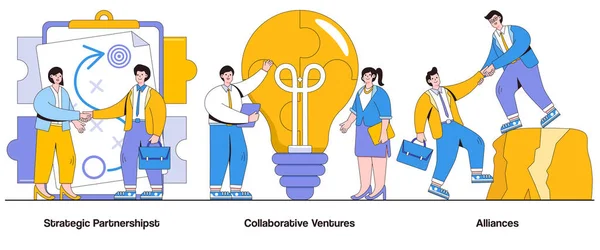 战略伙伴关系 合作创业 与性格的联盟概念 伙伴关系协同增效摘要向量说明集 合资企业 共同目标 共同成长隐喻 — 图库矢量图片