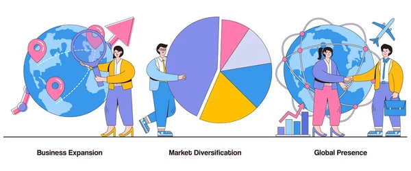 业务拓展 市场多元化 具有特色的全球存在概念 业务增长战略摘要向量说明集 市场渗透 新市场进入隐喻 — 图库矢量图片