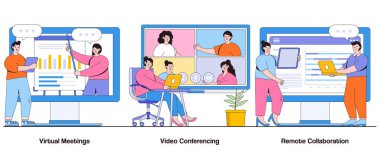 Sanal Toplantılar, Video Konferansı, Karakterle Uzaktan İşbirliği Konsepti. Dijital İletişim Soyut Vektör İllüstrasyon Kümesi. Bağlantı, Verimlilik, Sanal Takım Çalışması Metaforu.