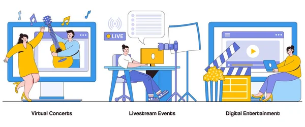 Conciertos Virtuales Eventos Livestream Concepto Digital Entretenimiento Con Carácter Immersive — Vector de stock