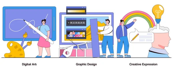 デジタルアート グラフィックデザイン キャラクターによるクリエイティブ表現コンセプト ビジュアルクリエイティビティ抽象ベクターイラストレーションセット インスピレーション 芸術探求 デジタルマスターピースメタファー — ストックベクタ