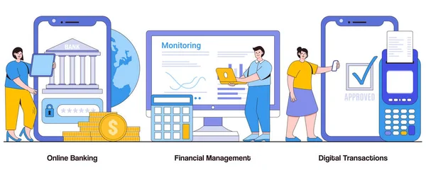 Online Banking Financial Management Digital Transactions Konsep Dengan Karakter Digital - Stok Vektor