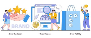 Marka itibarı, online varlık, karakter ile marka görünürlüğü konsepti. Marka tanıma soyut vektör illüstrasyon seti. Çevrimiçi itibar yönetimi, marka izleme, marka güveni metaforu.