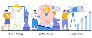 İş stratejisi, stratejik planlama, karakterli uzun vadeli vizyon kavramı. Stratejik düşünme soyut vektör çizimi seti. Hedef belirleme, eylem planlaması, stratejik uygulama metaforu.