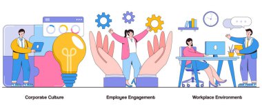 Şirket kültürü, çalışan ilişkileri, iş yeri çevresi konsepti ve karakter. Şirket kültürü soyut vektör çizimi seti. Çalışan memnuniyeti, takım işbirliği metaforu.