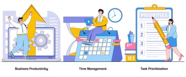 Business productivity, time management, task prioritization concept with character. Productivity optimization abstract vector illustration set. Efficiency hacks, workflow management metaphor. clipart