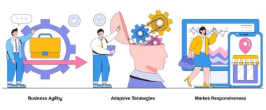 İş çevikliği, adaptif stratejiler, karakterli piyasa duyarlılığı kavramı. Çevik iş soyut vektör çizimi seti. Esneklik, hızlı karar verme, piyasa adaptasyon metaforu.
