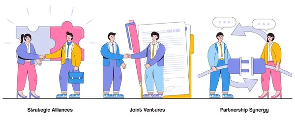 Strategische Allianzen Joint Ventures Partnerschaftliches Synergiekonzept Mit Charakter Kollaborative Partnerschaften lizenzfreie Stockvektoren
