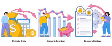 Finansal kriz, ekonomik kriz, karakter ile iyileşme stratejisi. Ekonomik esneklik soyut vektör çizimi seti. Kriz yönetimi, ekonomik canlanma, finansal toparlanma.