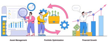 Mal varlığı yönetimi, portföy optimizasyonu, karakter ile finansal büyüme kavramı. Yatırım portföyü soyut vektör çizimi seti. Portföy yönetimi, zenginlik büyümesi, mali strateji.