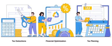 Vergi indirimleri, finansal optimizasyon, karakter ile vergi planlama kavramı. Vergi tasarrufu soyut vektör çizimi seti. Mali verimlilik metaforu.