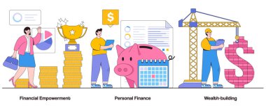 Finansal güç, kişisel finansman, karakter ile zenginlik geliştirme kavramı. Finansal okur yazarlık soyut vektör illüstrasyonu seti. Zenginlik birikimi, finansal bağımsızlık metaforu.