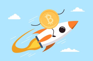 Bitcoin düz dizaynlı uzay bulutlarında roket üzerinde uçuyor