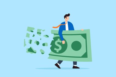 Düz tasarımda yırtık dolar, parçalanma ve devalüasyon tutan bir işadamı