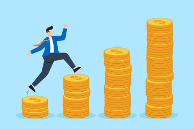 Mutlu iş adamı para yığınının üstüne atlıyor düz tasarımda para büyüyor
