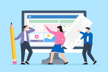 Düz dizaynlı bilgisayar ekranında profesyonel iş adamları web sitesi kuruyor