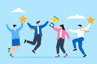 İş adamları başarıyı yıldızlarla kutluyor ve düz tasarımda mutlu ödüller alıyorlar.