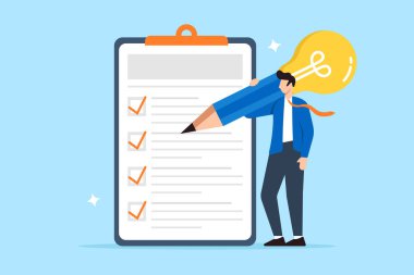 İş adamı araştırmayı düz tasarımda ampul kalem kullanarak tamamlar