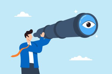 İş adamı teleskopla ya da dürbünle büyük gözle bakar.