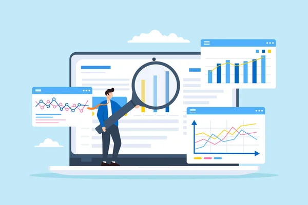 Bilgisayarda büyüteçle işadamı analizcisi verisi