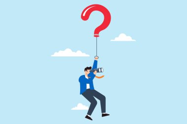 İş adamı soru işareti balonuyla uçuyor ve teleskop ile cevap arıyor.