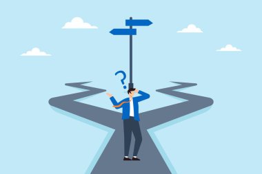 İki yön arasında soru işareti olan bir iş adamı. Belirsizlik karşısında karar verme kavramı, iki seçenek arasında seçim yapma süreci ve zor durumları yönetme
