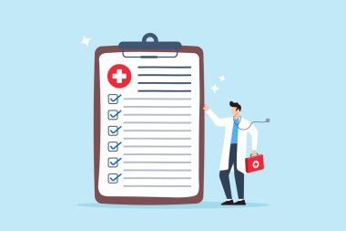 Steteskoplu doktor tıbbi belgeleri gösteren reçeteli bir reçete tutuyor. Sağlık kontrolleri, teşhisler, tıbbi bilgiler ve sağlık planlarının kaydı