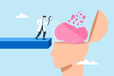 Doktor hafıza kaybı, hafıza kaybı, bunama ve alzheimer hastalıklarını gösteren büyüteç kullanarak amnezi hastası beynini inceliyor. Zihinsel hastalıklar, psikoloji ve endişe kavramı