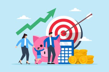 Aile domuz kumbarası, madeni para, hesap makinesi ve finansal hedefli, yatırım planlamasını gösteriyor. Tasarruf, servet yönetimi, bütçe, borç ve ipoteklerle ilgilenme, emeklilik fonu kavramı