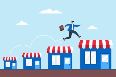 Kendine güvenen işadamı, mağaza vitrininin genişlemesinin bir göstergesi olarak daha büyük bir bayilik mağazasına atladı. Ticari büyüme fırsatları kavramı, perakende mağazalarının başarıya ulaşması için pazarlama çabaları