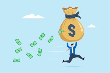 İşadamı büyük bir para çantası taşıyor ve banknotlar büyük bir delikten dökülüyor. Bu da yatırım hatalarından kaybettiği parayı gösteriyor. Vergi kavramı, harcamalar, yatırım fonu giderleri ve mali sorunlar