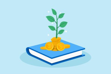 Kitap bilgisi ve öğrenme yatırımları üzerine yığınla madeni paradan büyüyen bitkinin düz çizimi
