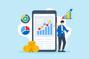 Akıllı telefon finans dijital teknoloji mobil bankacılığı için yatırım uygulaması kullanan işadamlarının düz çizimi