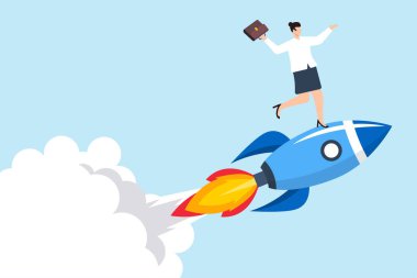 İş kadını elinde çanta konseptiyle roketin üzerinde duruyor. Hırs büyümesi fırsatları ele geçiriyor.