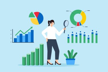 İş kadını veri konsepti araştırmaları ve bilgilendirilmiş karar verme mekanizmasını analiz etmek için büyüteç kullanıyor