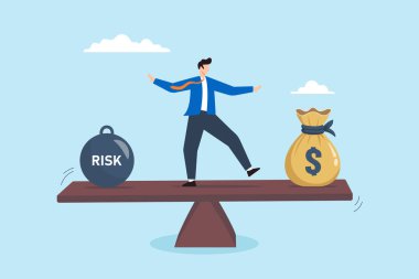 Risk ve para çantası arasındaki tahterevalliyi dengeleyen işadamı ödül konsepti yönetim yatırım kararları ve denge