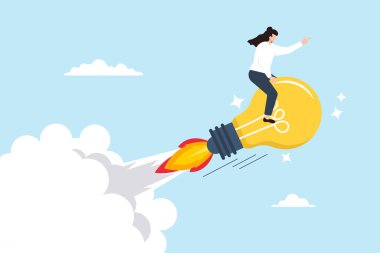 Ampul kavramına binen iş kadını roket yeniliği girişimcilik buluşları ve hızlı ilerleme