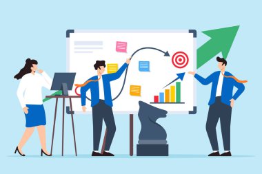 Takımın satış stratejisi geliştirme vektör çizimi beyaz tahta gelir artışı üzerine yapışkan notlar ile