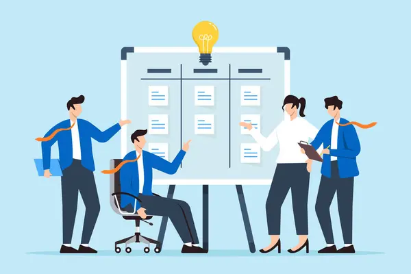 stock vector Vector illustration of team members categorizing ideas on whiteboard with sticky notes brainstorming session