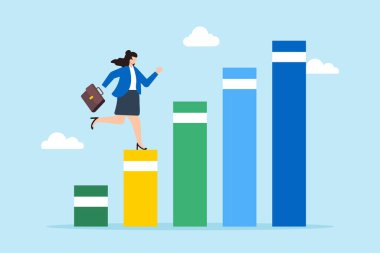 Ticari zorlukların üstesinden gelmek, stratejik planlama, satış hedeflerine ulaşmak, veri güdümlü başarı konsept vektör çizimi. İş kadını dağ gibi tırmanma grafiği