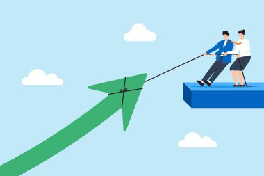 İş büyümesi, satış performansının artması, stratejik planlamada işbirliği çabası, pozitif pazar eğilimi konsept illüstrasyonu. Takım dev oku yukarı çekiyor.