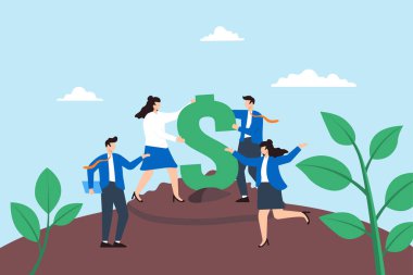 Yatırımları geliştirmek, stratejik büyüme planlaması, finansal başarıyı teşvik etmek, kâr kavramı vektör illüstrasyonunu geliştirmek. İş analistleri sahaya dolar işareti koyuyor.