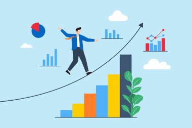 Ticari riskleri ve ödülleri dengelemek, stratejik istikrar, veriye dayalı karar verme, piyasa zorlukları konsept vektör çizimi. Analizci finansal tabloların üzerinde yürüyor