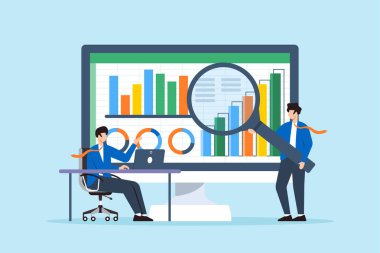 Finansal modelleme performansı, bütçe hesaplaması ve senaryo planlama konsepti çizimi tahminleri. Hesap tabloları ve grafiklerle çalışan iş analistleri