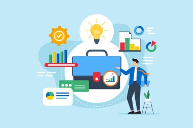 Ticari durum gelişimi, zorlayıcı öneriler yaratmak, yatırımları haklı çıkarmak ve konsept vektör illüstrasyonunu analiz etmek. Grafikler ve çizelgeler sunan evrak çantası analisti