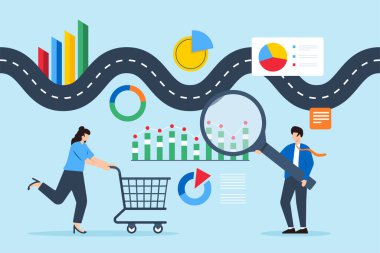 Müşteri seyahati haritalama, marka ile etkileşimleri görselleştirme, müşteri deneyiminin konsept vektör illüstrasyonunu geliştirme. Dolambaçlı yolu kullanan iş analisti